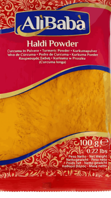 Pack of Alibaba Haldi Powder on a white background