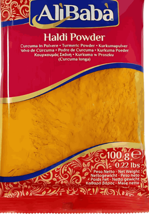 Pack of Alibaba Haldi Powder with red and yellow design on a white background